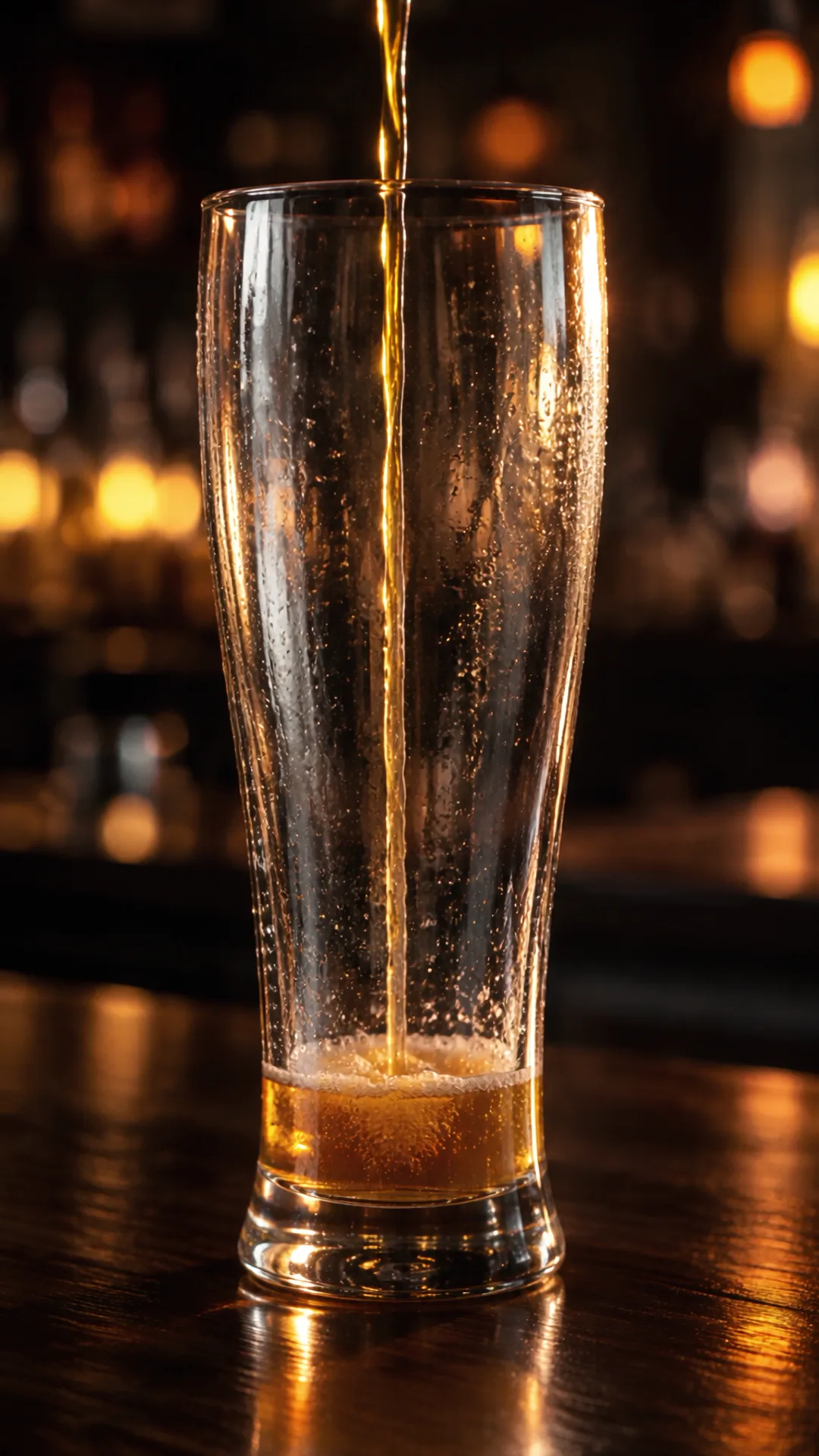Et højt ølglas i en mørk bar med varmt ravgult lys