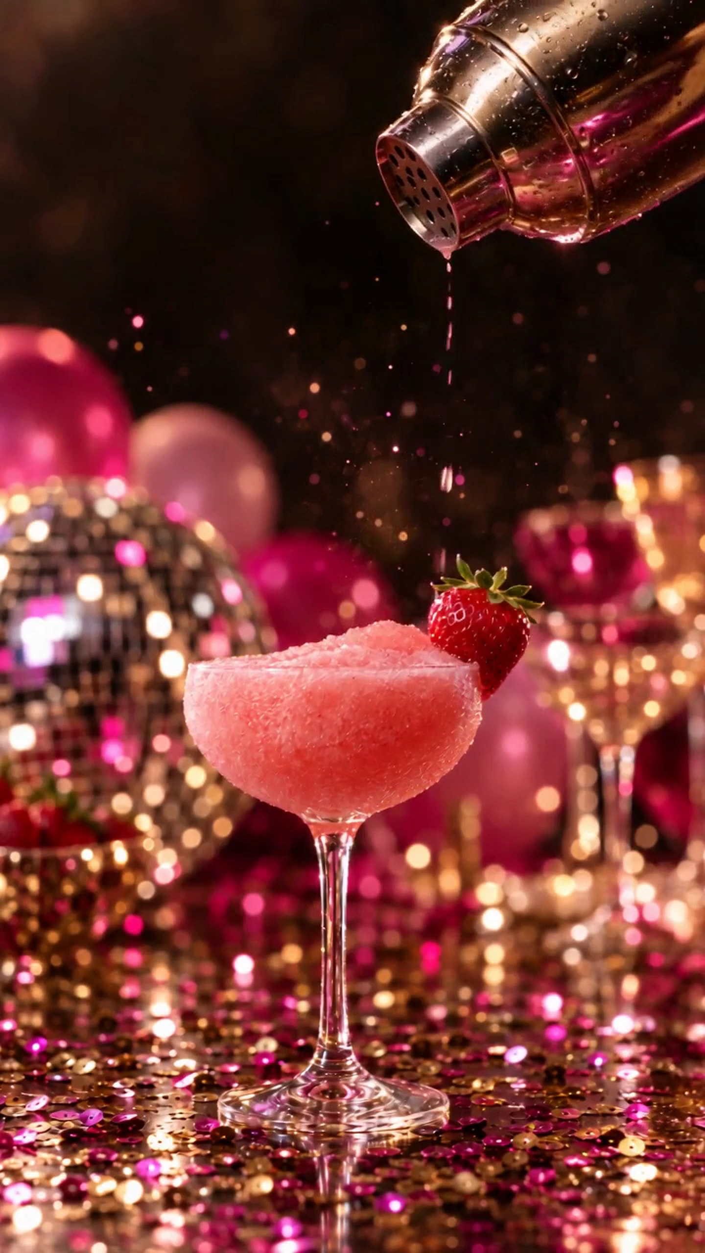 En pink daiquiri skænkes op mellem glimmer og gyldne festlys