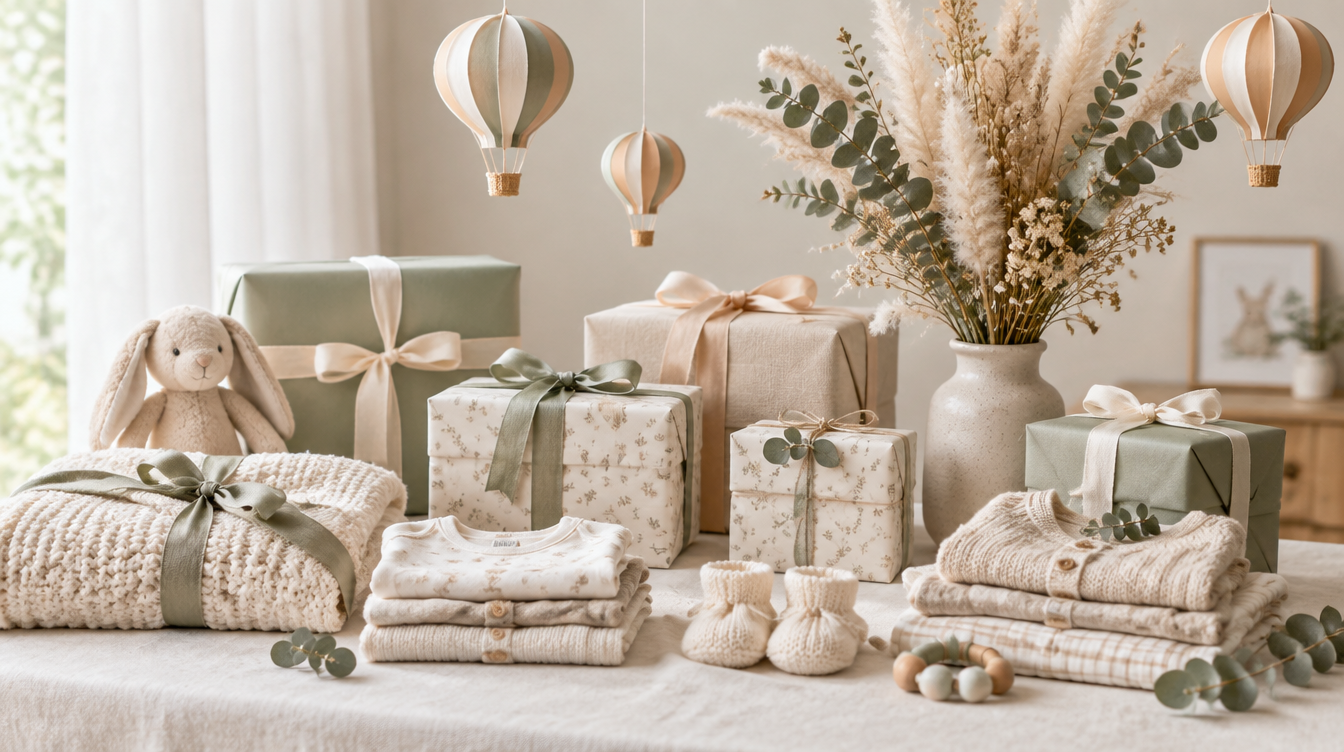 Babyshower gavebord med neutrale gaver, strikket tæppe og eucalyptus