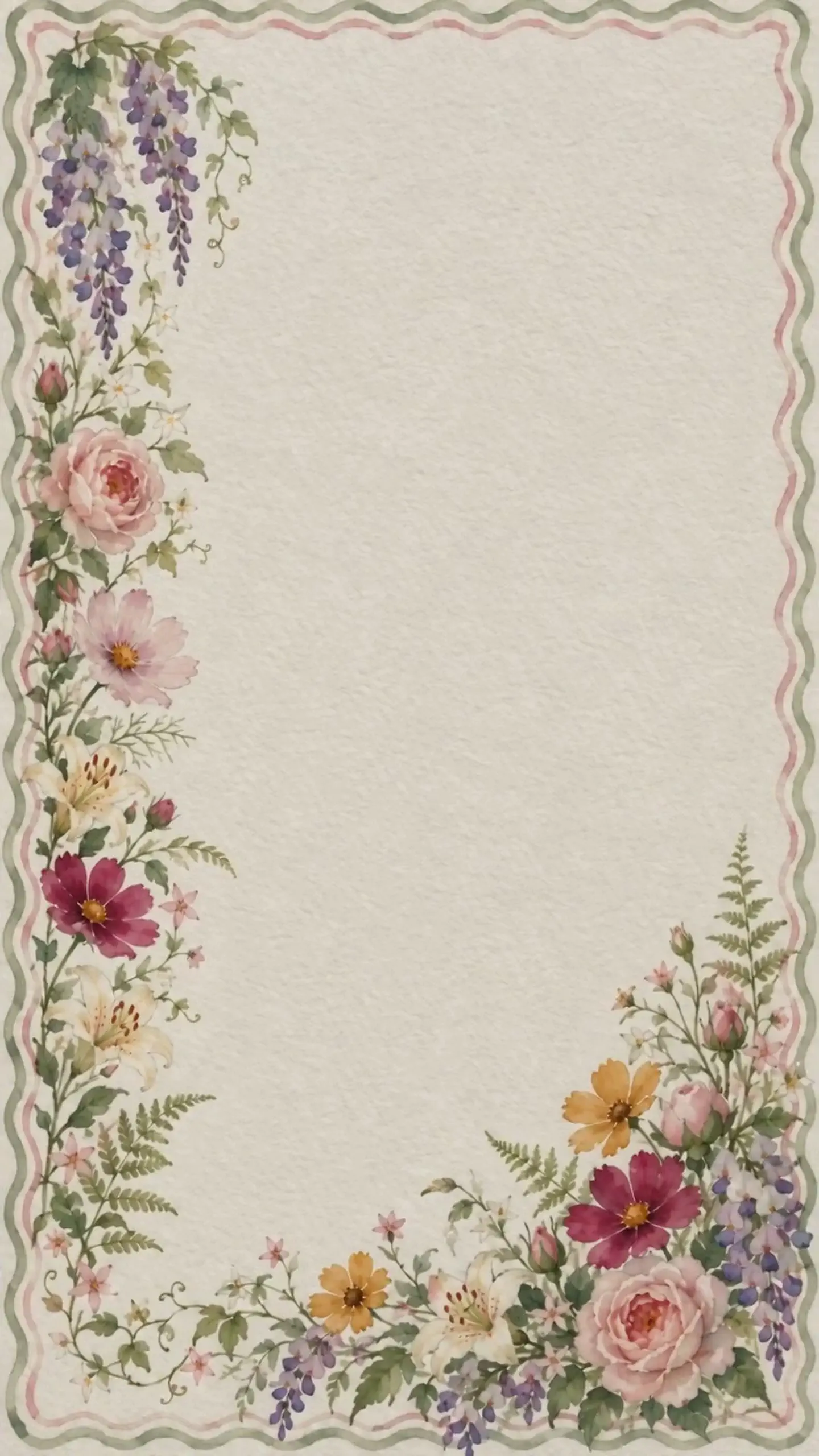 Akvarelkort med blomster og bølgende grøn ramme