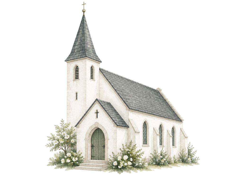 Håndtegnet dansk landsbykirke
